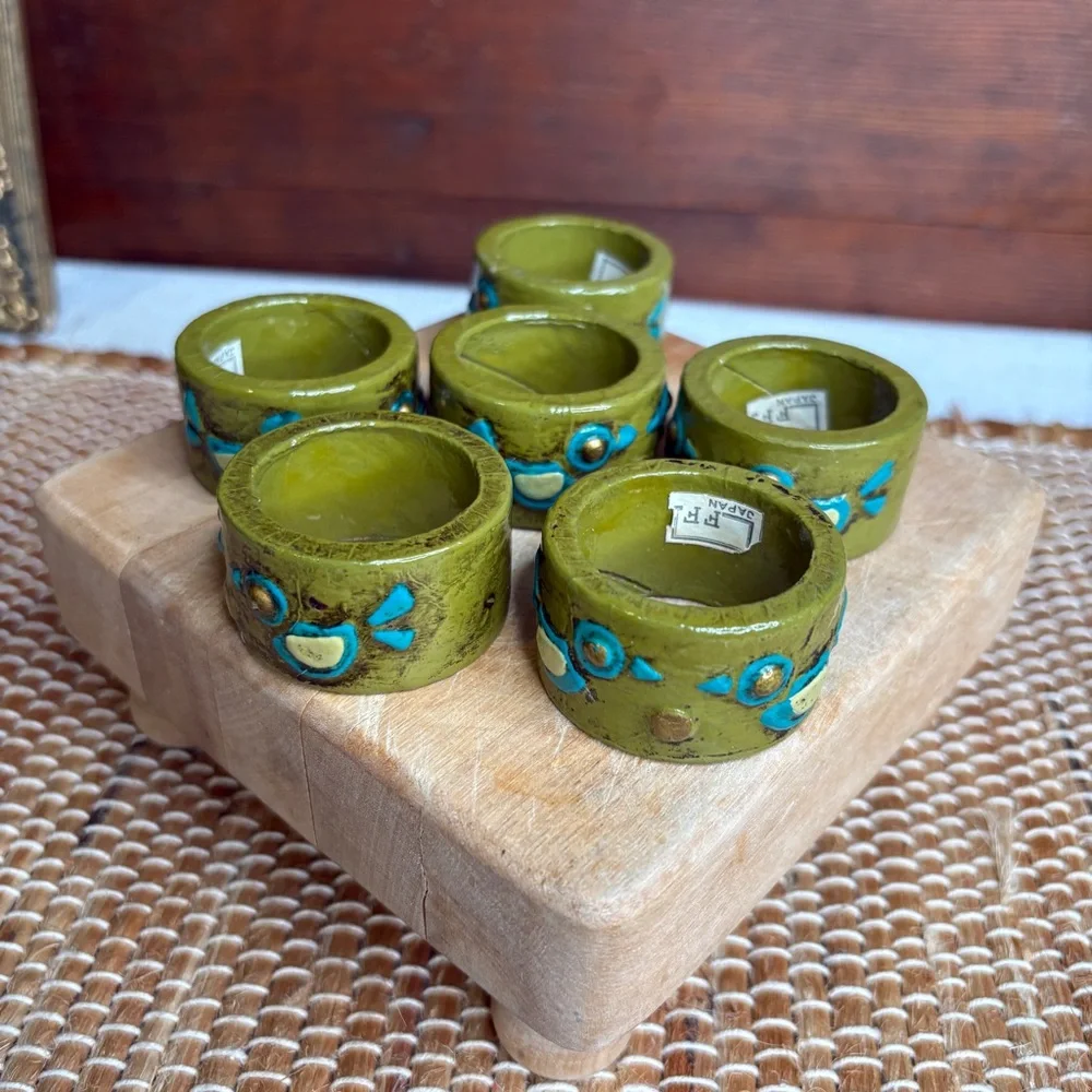 Set of 6 Vintage Fitz & Floyd Paper Mâché Green Napkin Rings Bird Motif